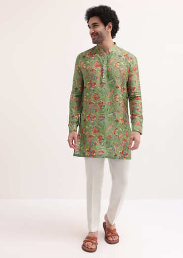 Green Floral Printed Silk Short Kurta Set For Men