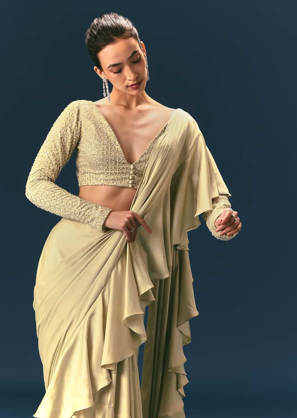 Green Frill Ready To Wear Saree With Embellished Blouse