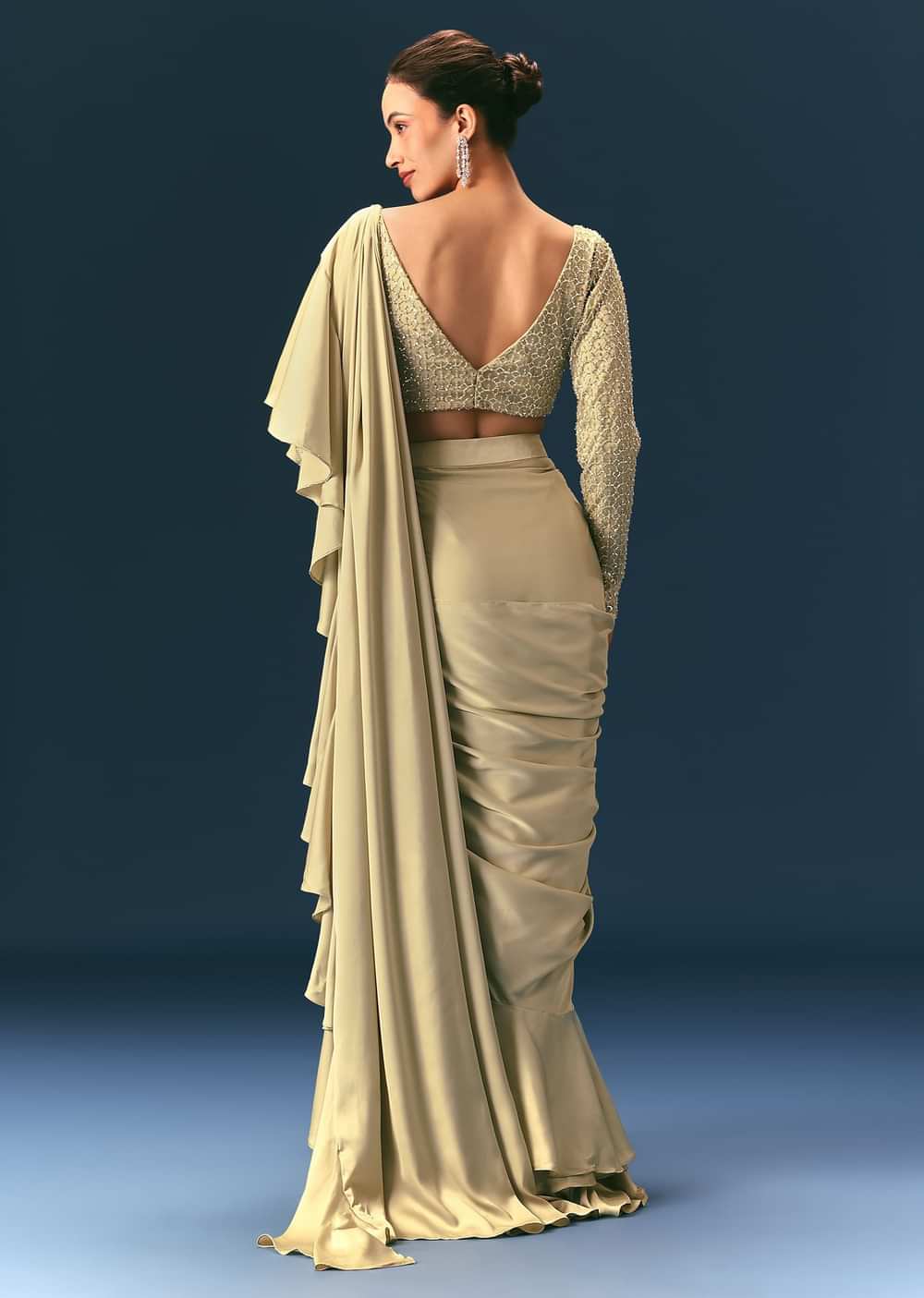 Green Frill Ready To Wear Saree With Embellished Blouse