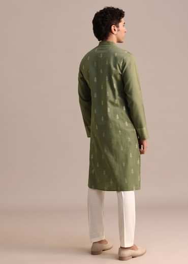 Green Hand Block Printed Kurta Set For Men