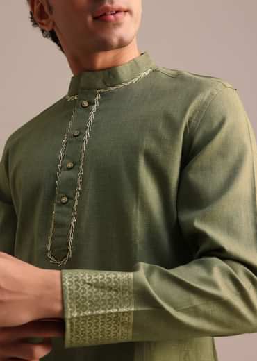 Green Hand Block Printed Kurta Set For Men