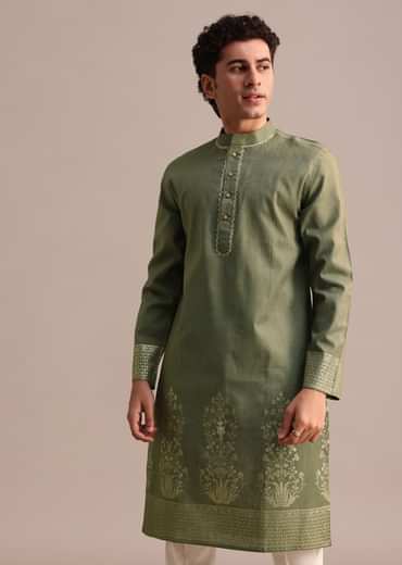 Green Hand Block Printed Kurta Set For Men