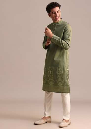 Green Hand Block Printed Kurta Set For Men