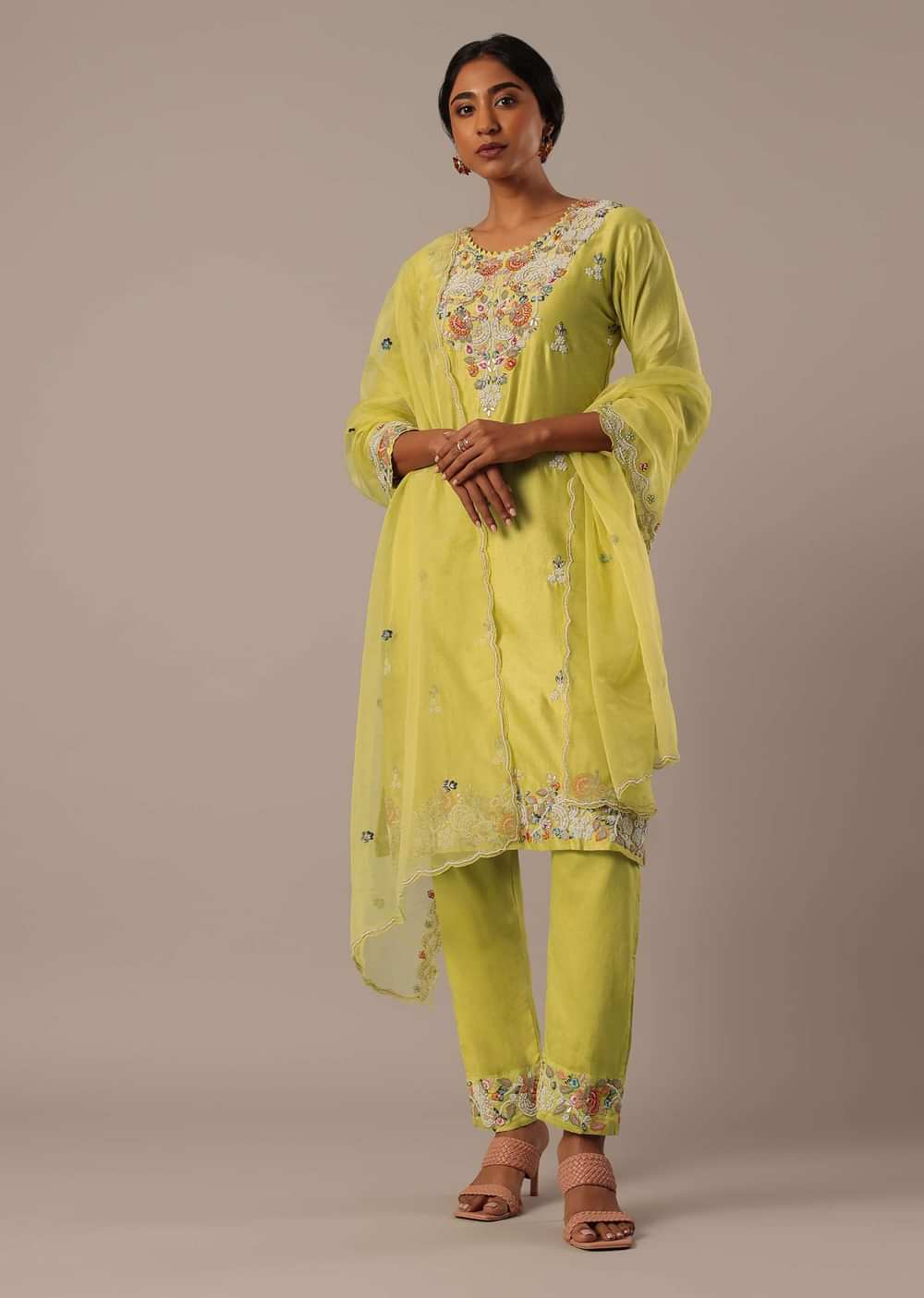 Green Hand Embroidered Kurta Set With Pearl Embellishments