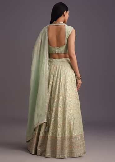 Green Hand Work Choli And Banarasi Weave Lehenga With Butti Work Dupatta