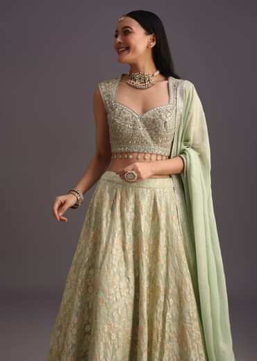Green Hand Work Choli And Banarasi Weave Lehenga With Butti Work Dupatta