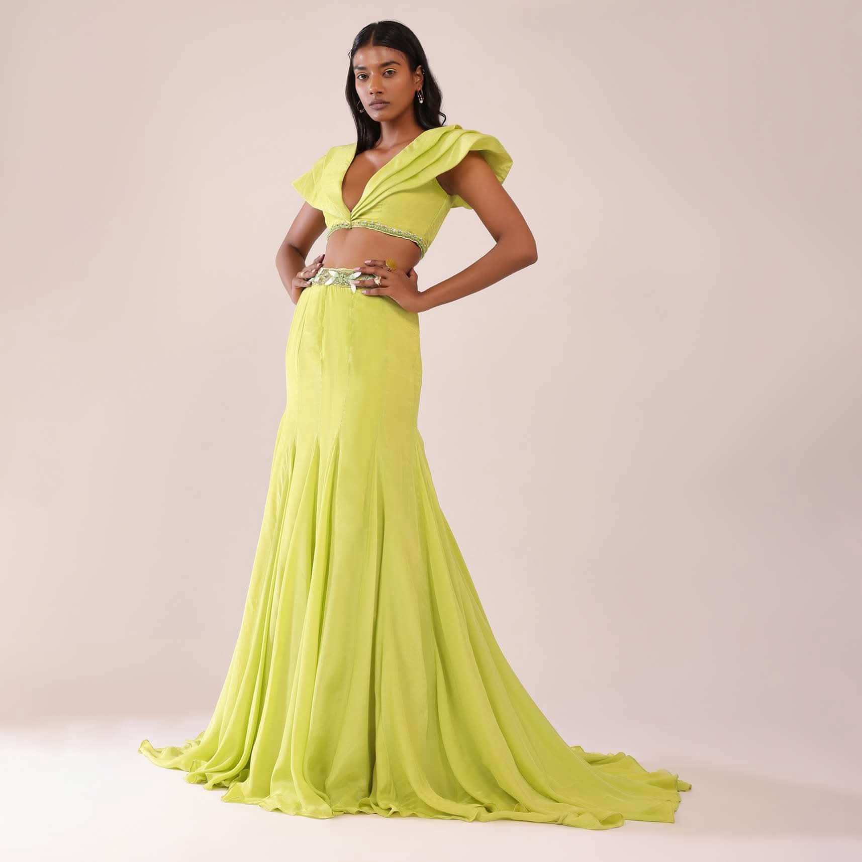 Sheen Green Paneled Lengha And Blouse With Elaborated Sleeves In Crepe