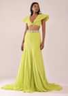 Sheen Green Paneled Lengha And Blouse With Elaborated Sleeves In Crepe