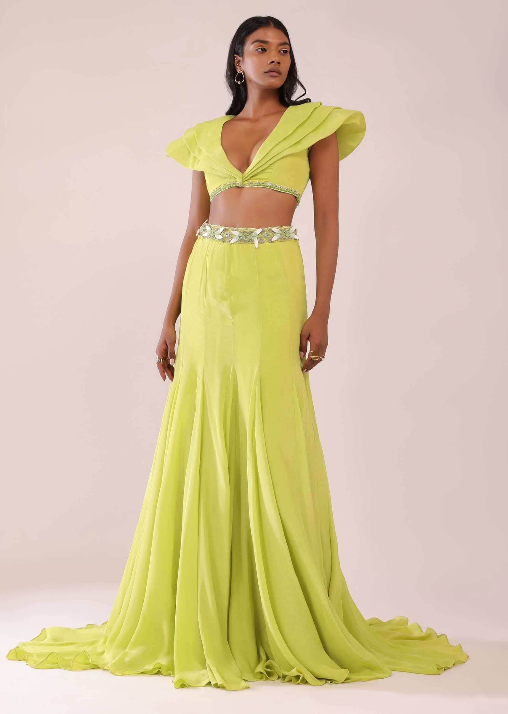 Sheen Green Paneled Lengha And Blouse With Elaborated Sleeves In Crepe