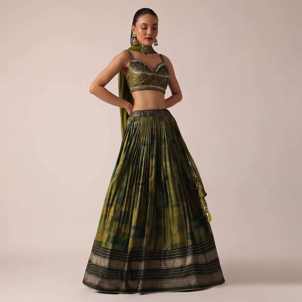 Green Handloom Lehenga Set With Sequin Embroidery