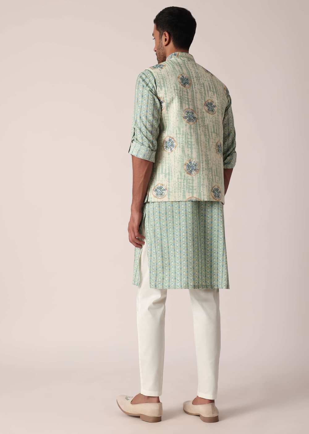 Green Jacket Kurta Set With All-Over Print For Men