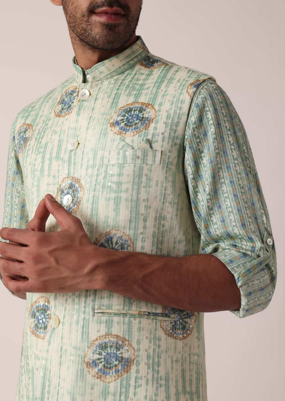 Green Jacket Kurta Set With All-Over Print For Men