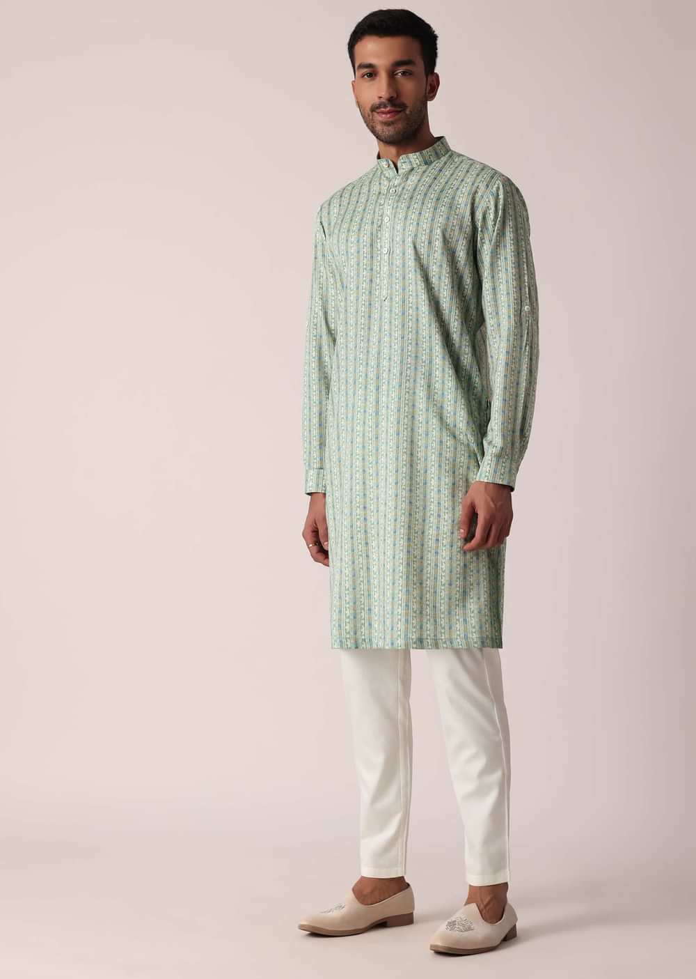 Green Jacket Kurta Set With All-Over Print For Men
