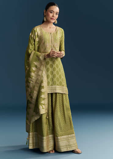 Green Jacquard Palazzo Suit With Banarasi Jacquard Weave