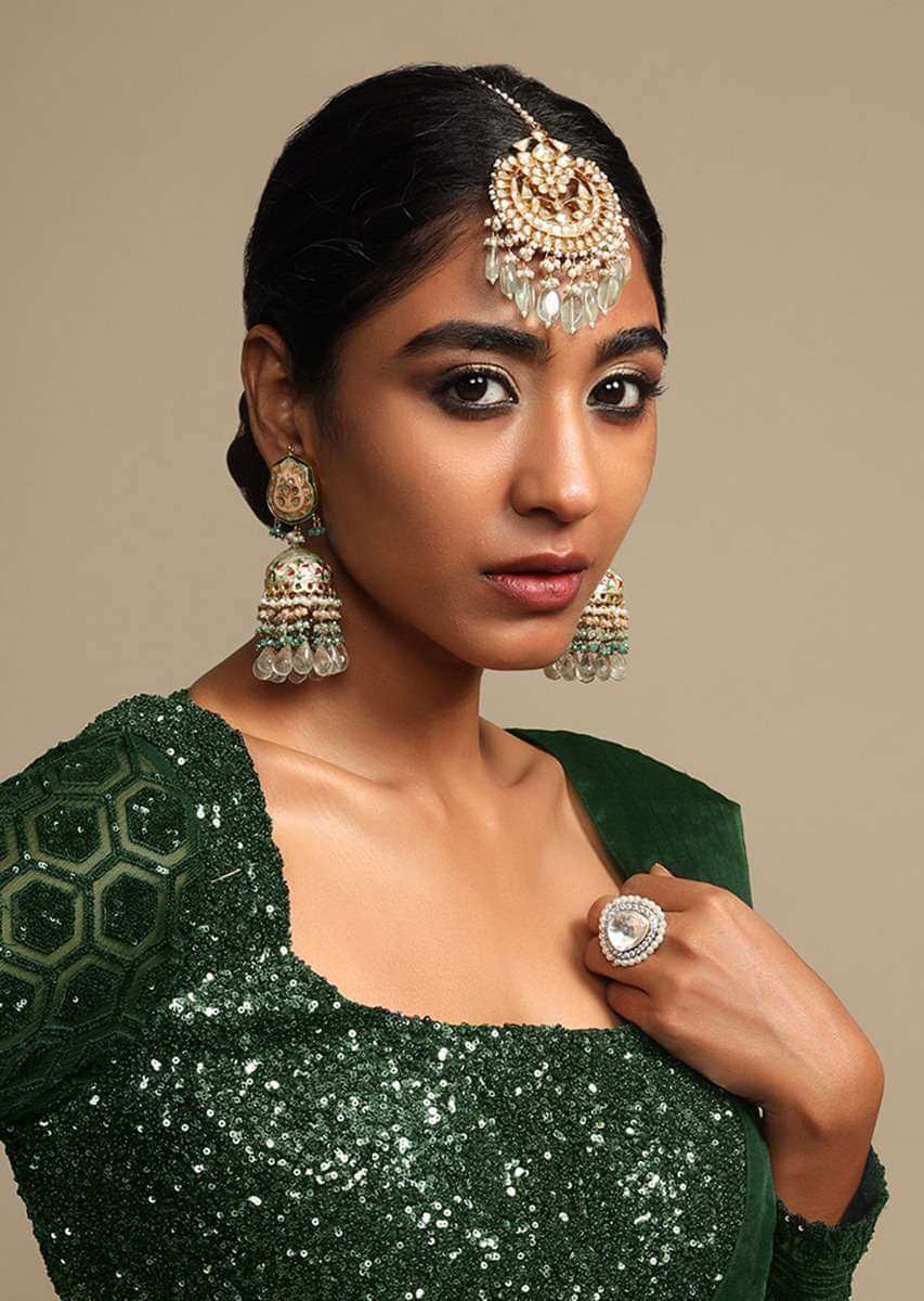 Green Jhumkas With Carved Floral Mina Work, Kundan And Dangling Colorful Bead Fringes