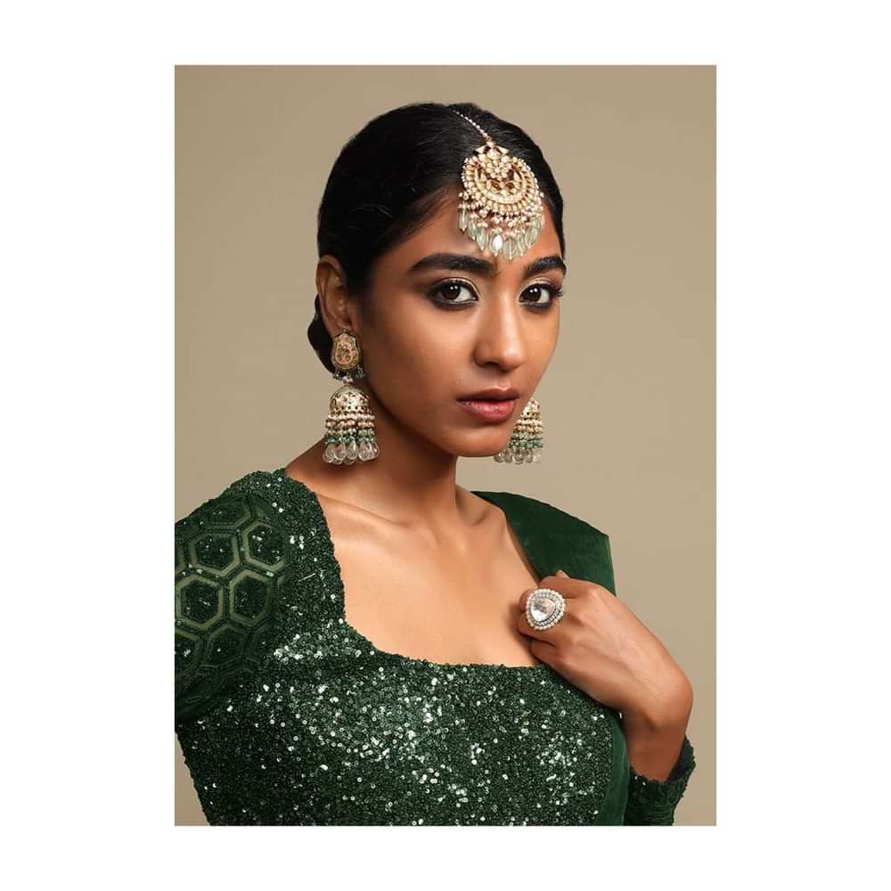 Green Jhumkas With Carved Floral Mina Work, Kundan And Dangling Colorful Bead Fringes