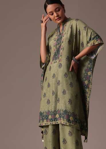 Green Kaftan Sequins Silk Co Ord Set