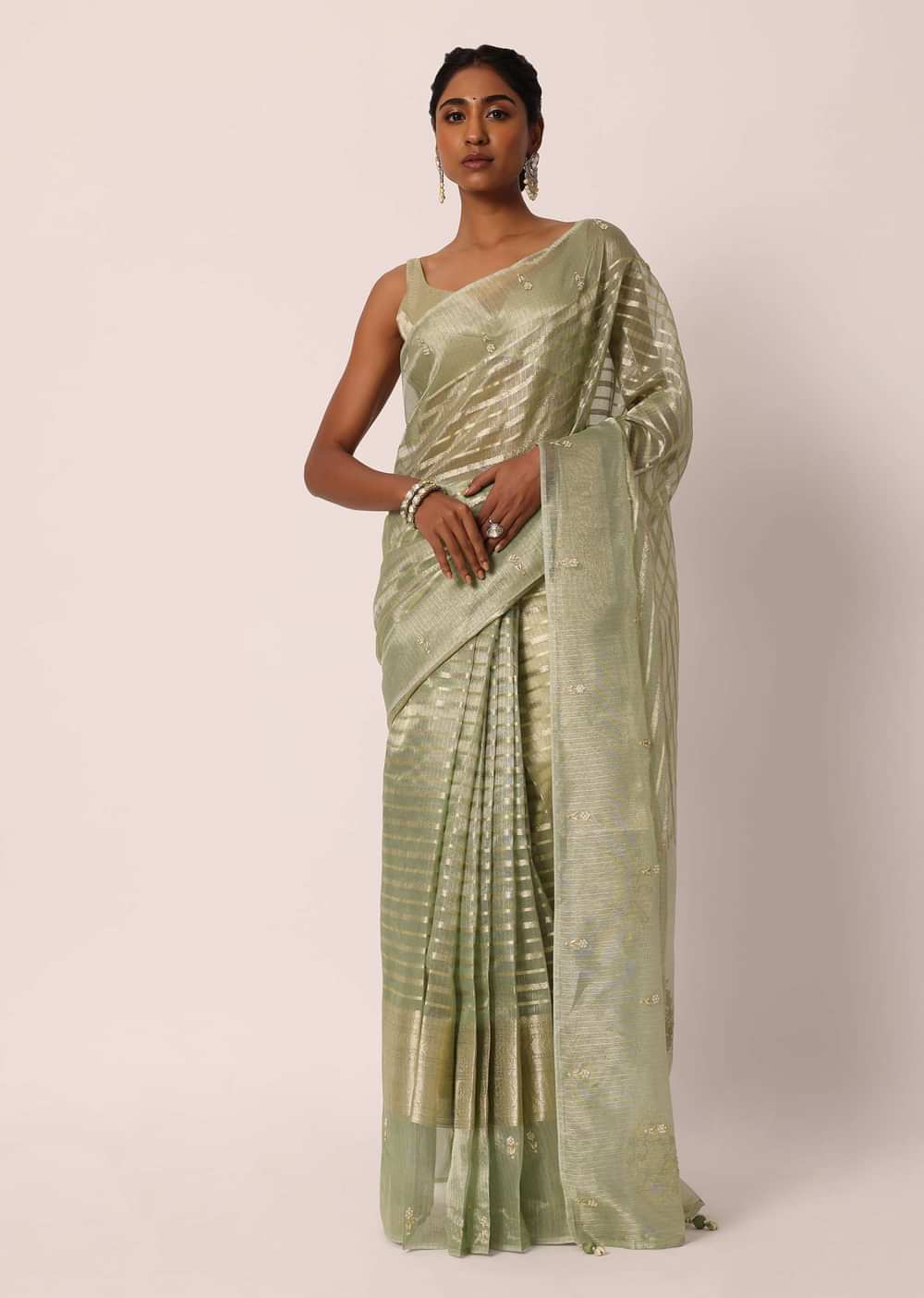 Green Kora Silk Saree With Embroidered Zari Stripes And Unstitched Blouse Fabric