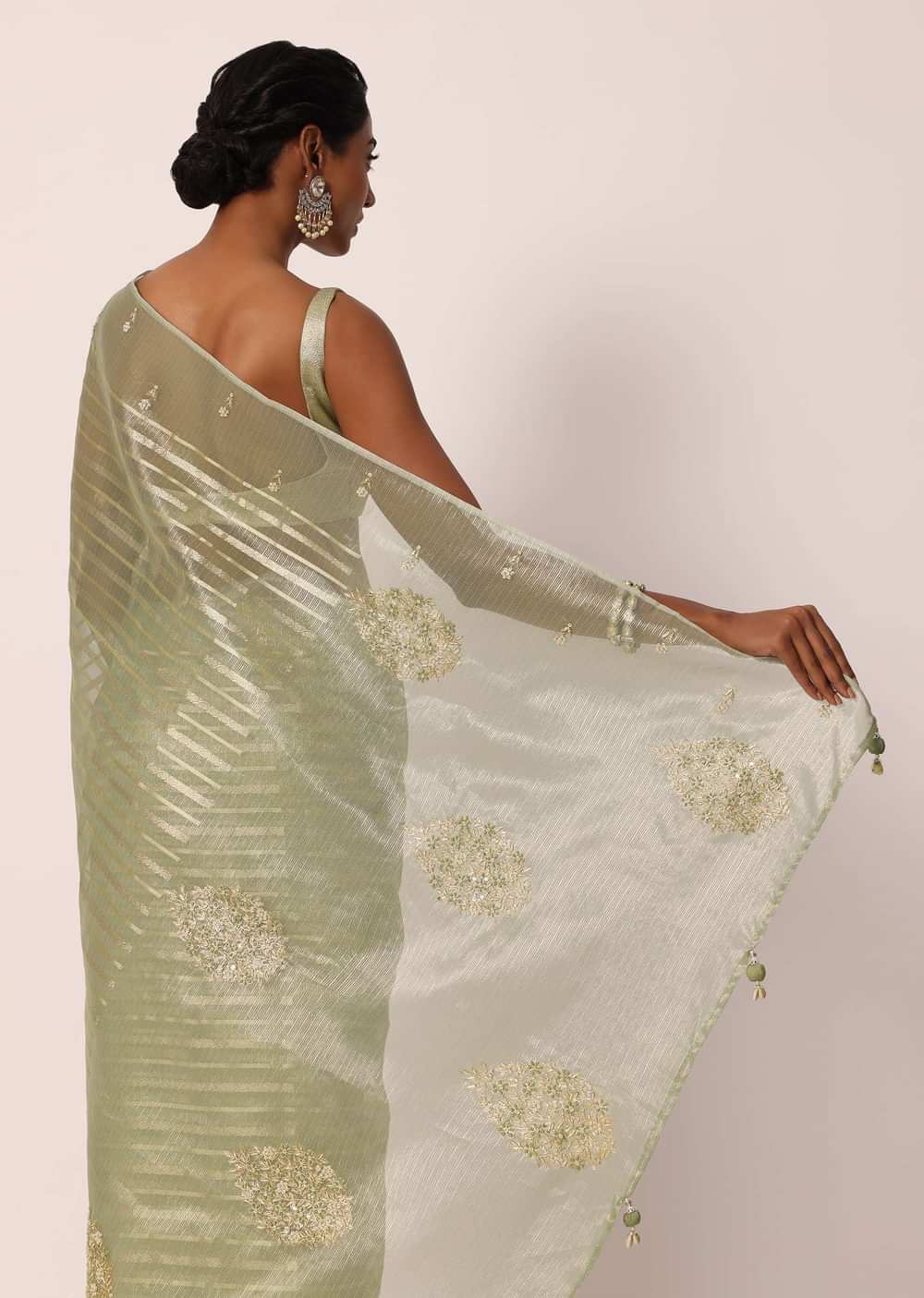Green Kora Silk Saree With Embroidered Zari Stripes And Unstitched Blouse Fabric