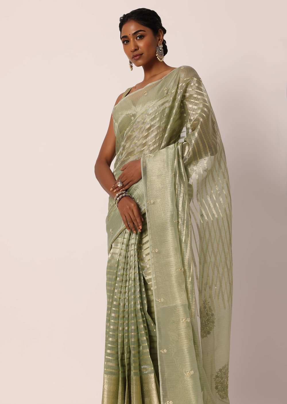 Green Kora Silk Saree With Embroidered Zari Stripes And Unstitched Blouse Fabric