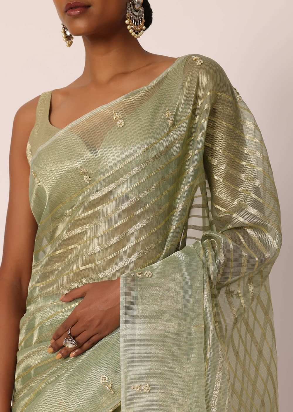 Green Kora Silk Saree With Embroidered Zari Stripes And Unstitched Blouse Fabric
