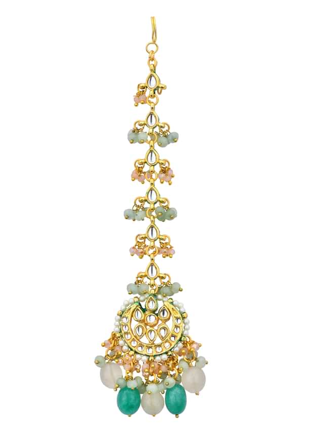 Green Kundan Choker Set With Beads And Pendant Drops