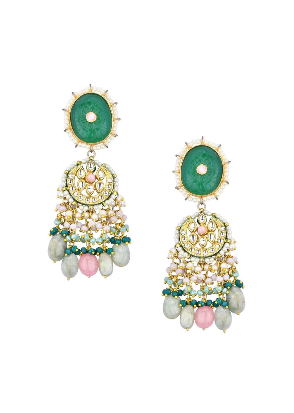 Green Kundan Choker Set With Carved Stones And Pink Beads