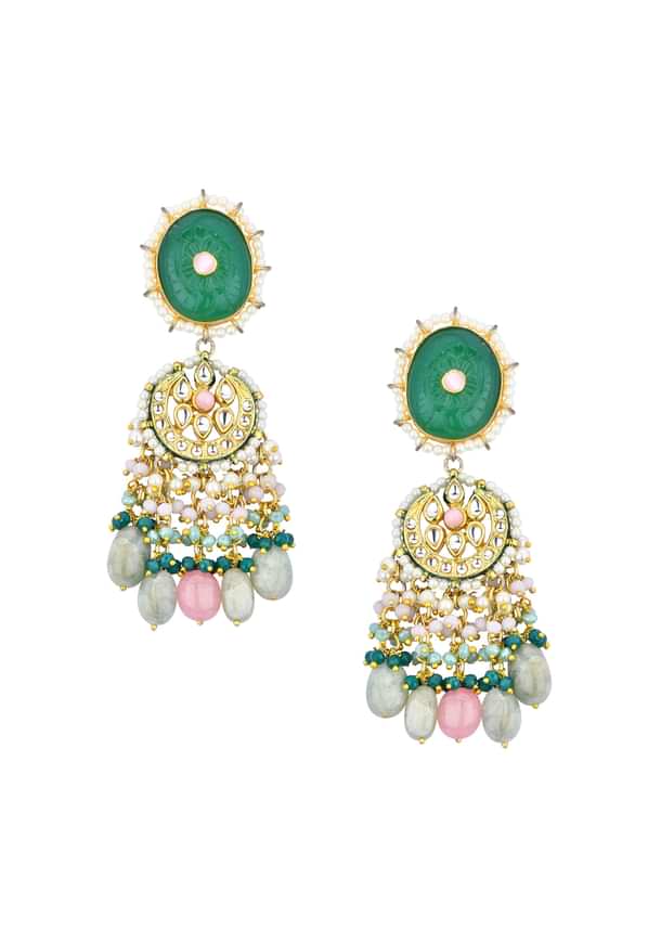Green Kundan Choker Set With Carved Stones And Pink Beads