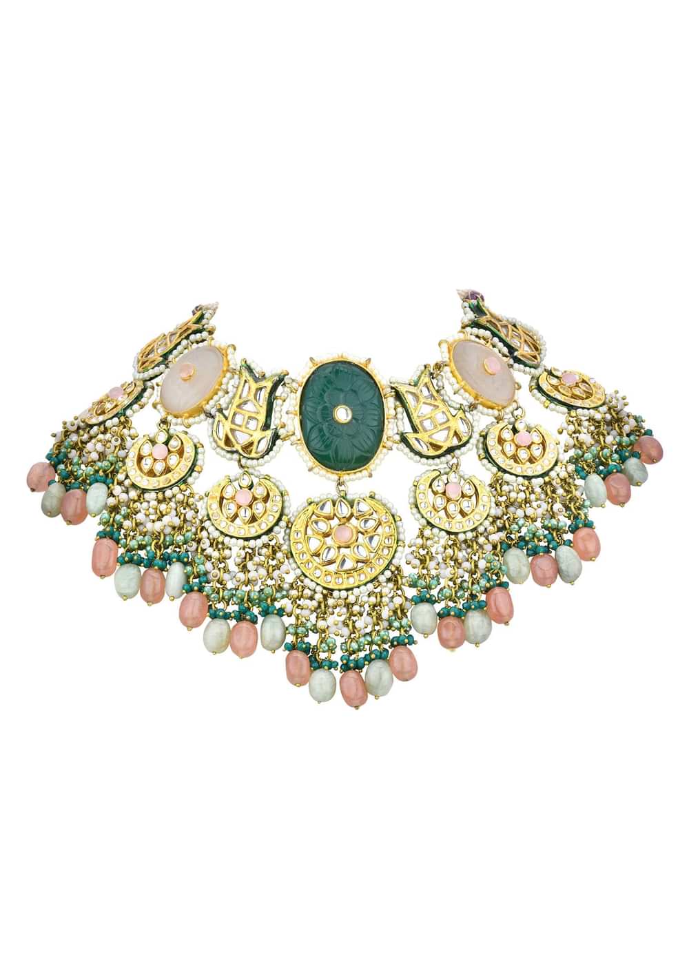 Green Kundan Choker Set With Carved Stones And Pink Beads
