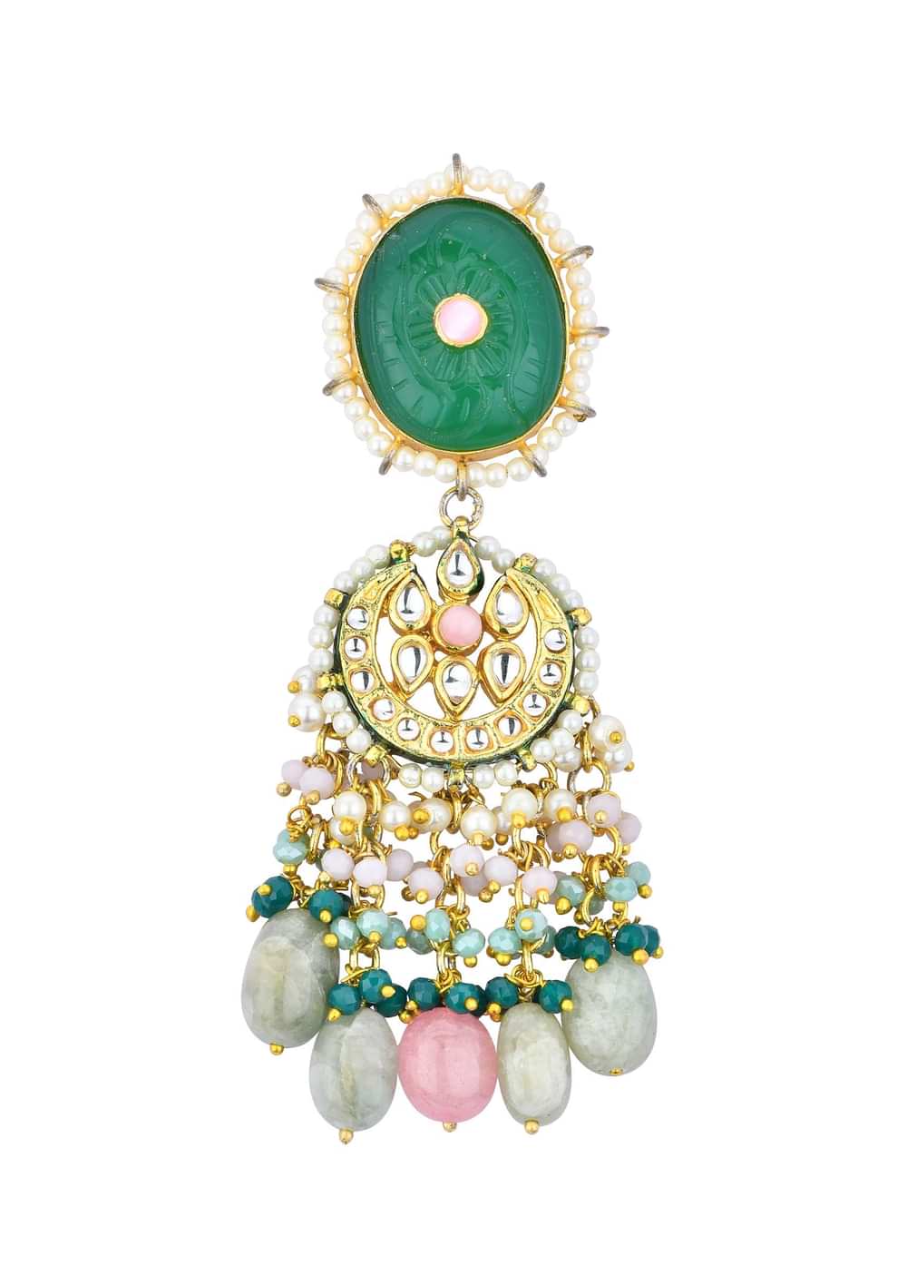Green Kundan Choker Set With Carved Stones And Pink Beads