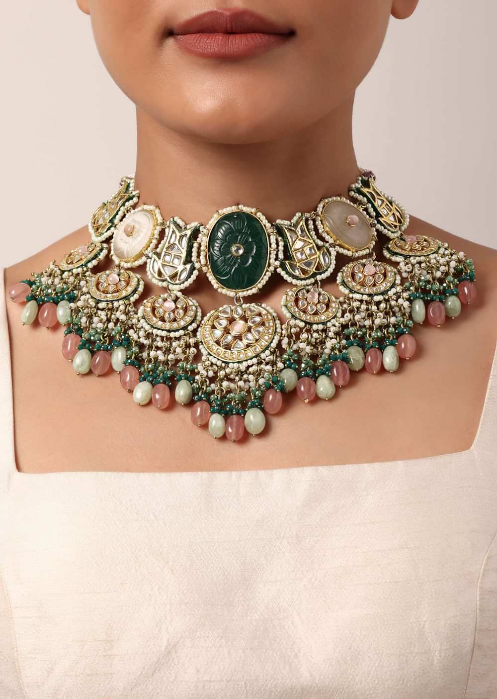 Green Kundan Choker Set With Carved Stones And Pink Beads