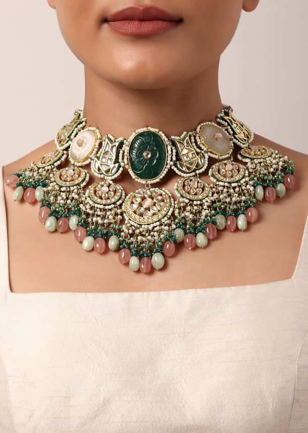Green Kundan Choker Set With Carved Stones And Pink Beads