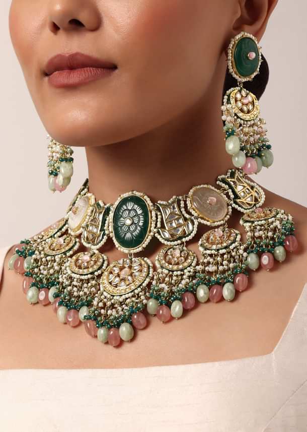 Green Kundan Choker Set With Carved Stones And Pink Beads