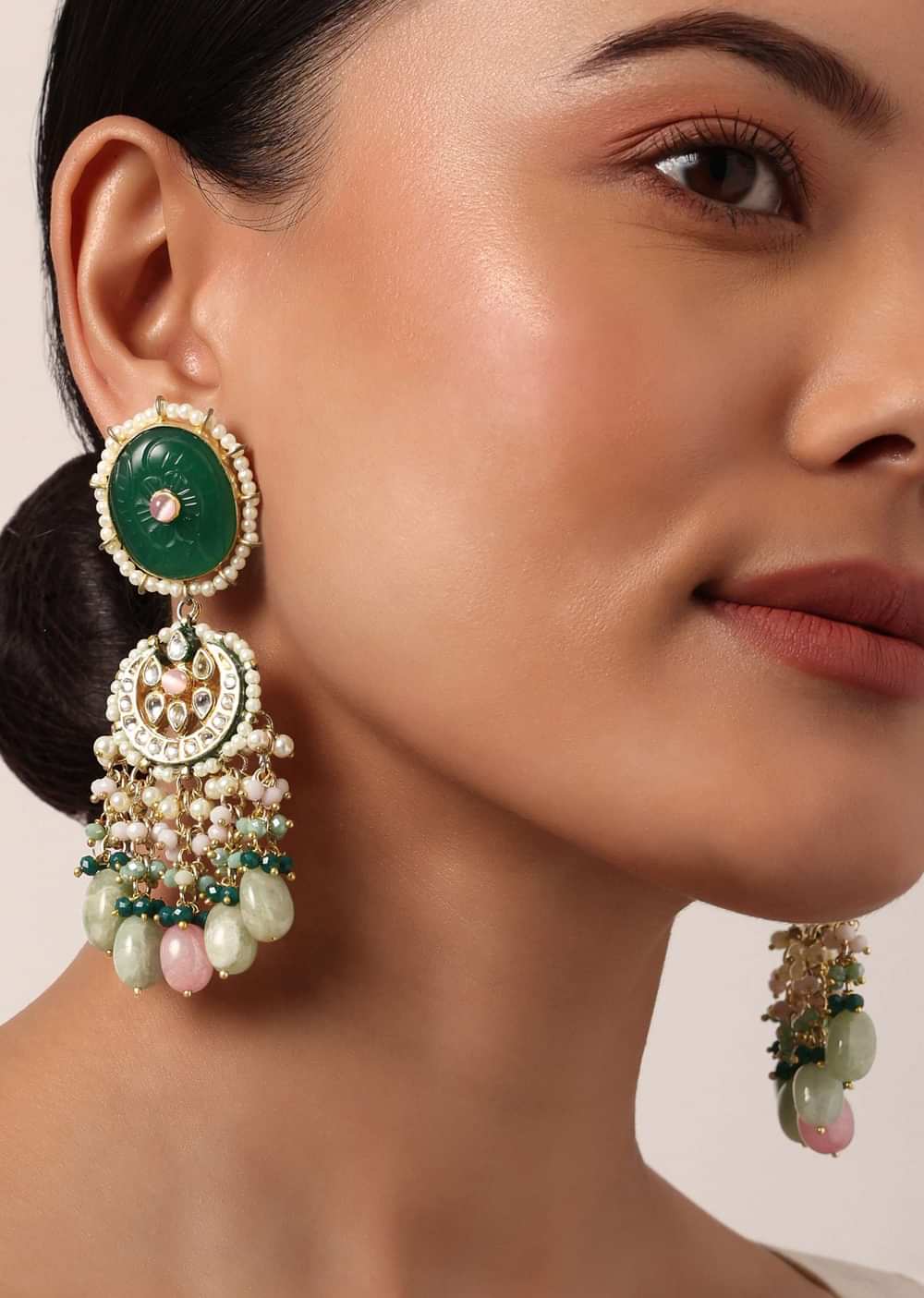Green Kundan Choker Set With Carved Stones And Pink Beads