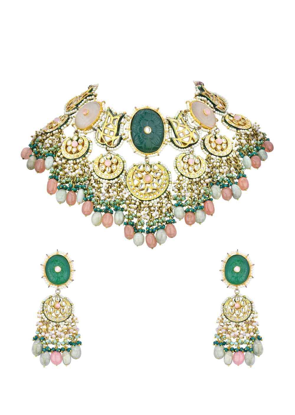 Green Kundan Choker Set With Carved Stones And Pink Beads