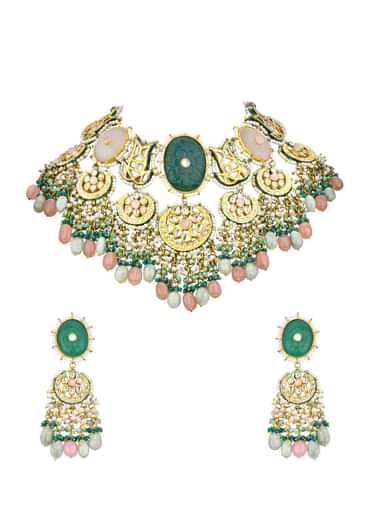 Green Kundan Choker Set With Carved Stones And Pink Beads