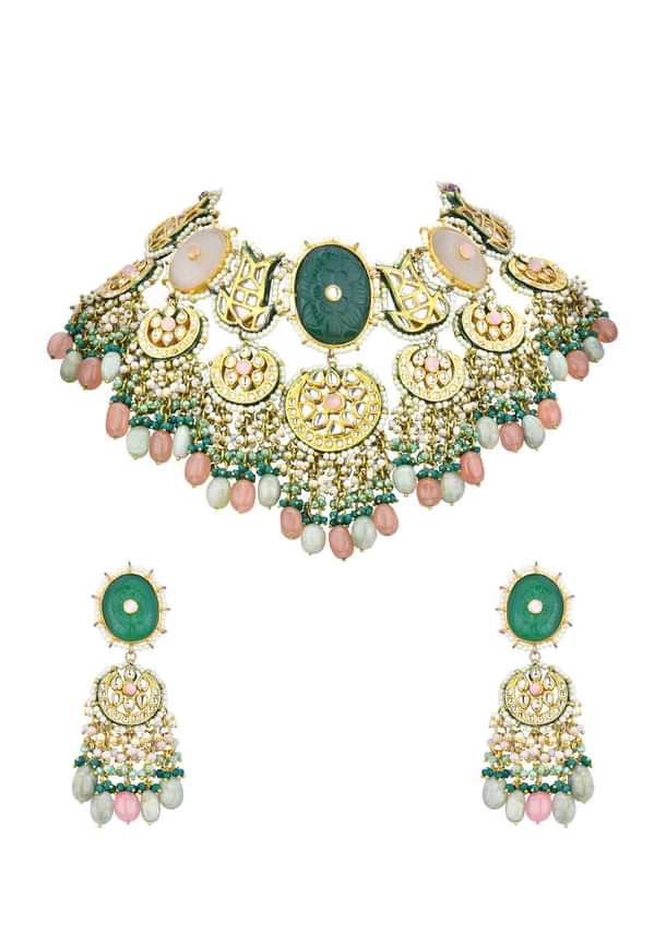 Green Kundan Choker Set With Carved Stones And Pink Beads