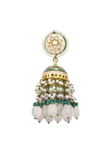 Green Kundan Jhumkas With Tiered Beads
