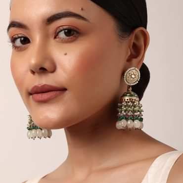 Green Kundan Jhumkas With Tiered Beads