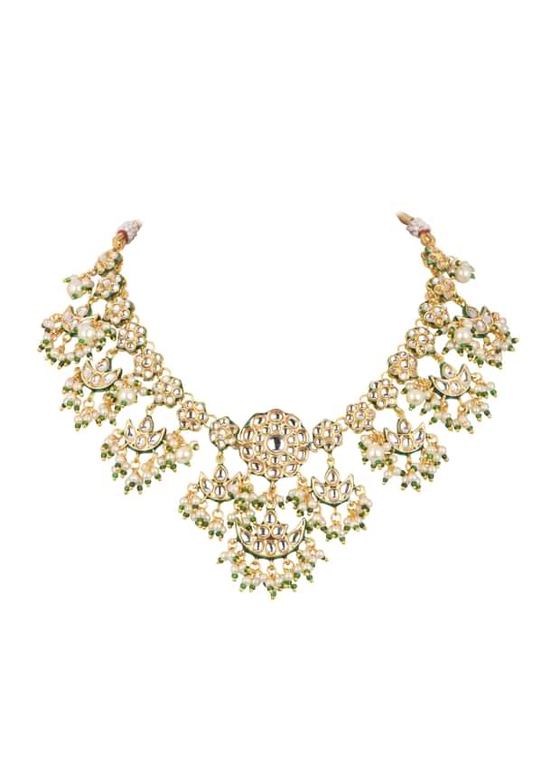 Green Kundan Necklace Set With Chandbalis In Mix Metal