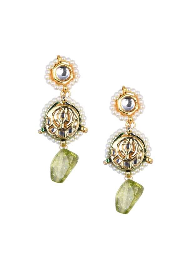 Green Kundan Pendant Necklace Set With Pink Bead Drops And Crescent Moon Motif