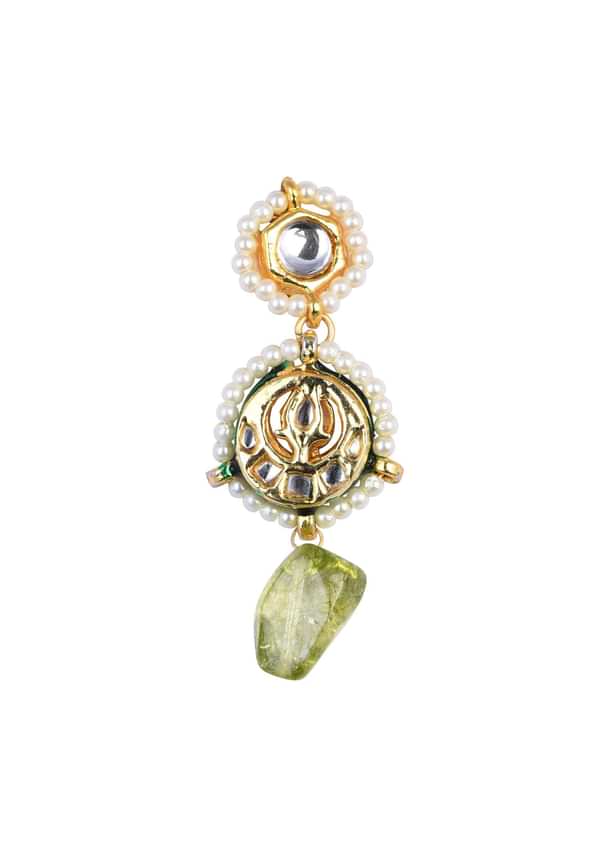 Green Kundan Pendant Necklace Set With Pink Bead Drops And Crescent Moon Motif