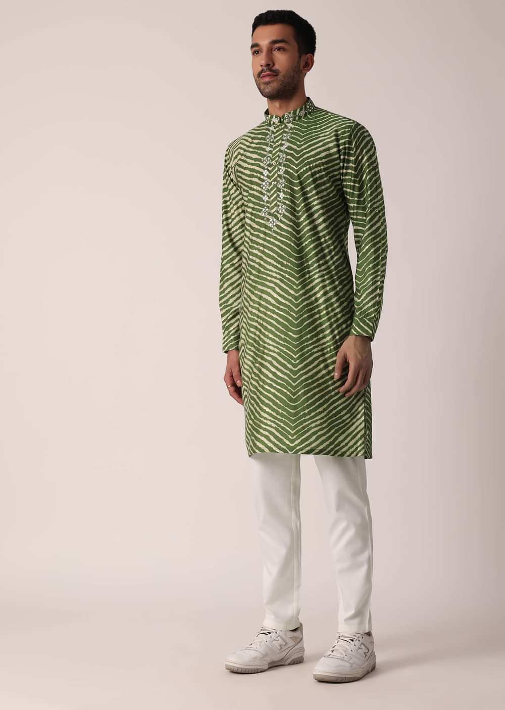 Green Lehariya Print Kurta For Men