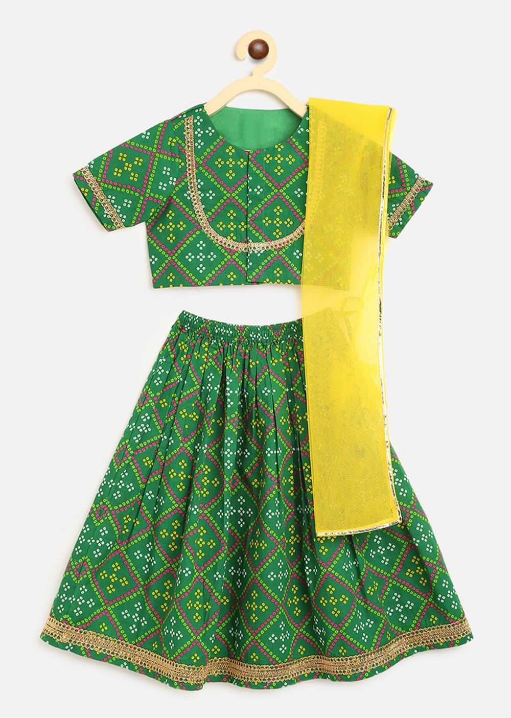 Kalki Girls Green Lehenga Choli In Cotton With Bandhani Print All Over By Tiber Taber