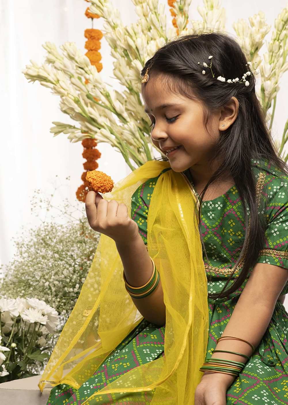 Kalki Girls Green Lehenga Choli In Cotton With Bandhani Print All Over By Tiber Taber