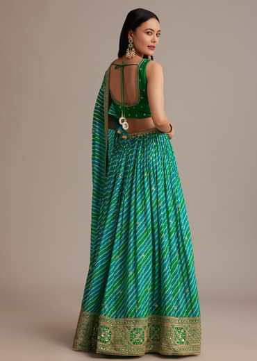 Green Leheriya Lehenga Set With Zardosi And Sequins Work