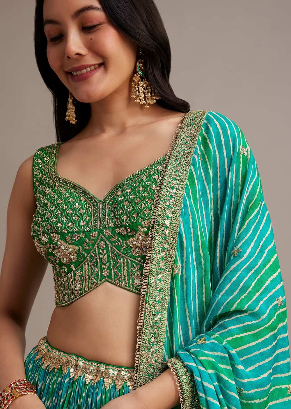 Green Leheriya Lehenga Set With Zardosi And Sequins Work