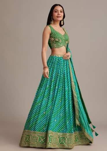 Green Leheriya Lehenga Set With Zardosi And Sequins Work