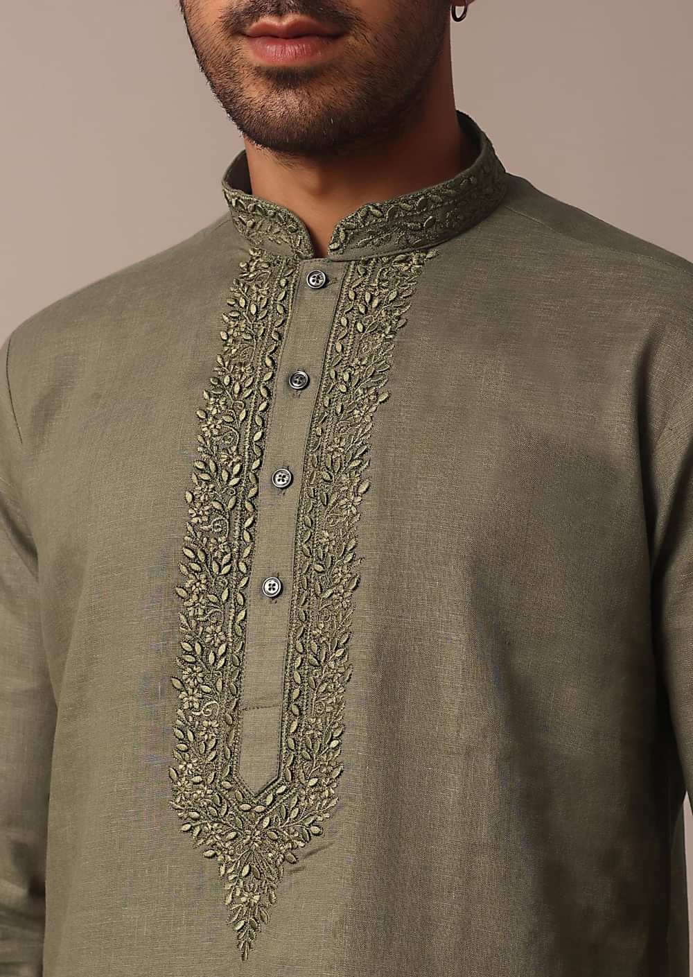 Green Linen Kurta With Intricate Yoke Work