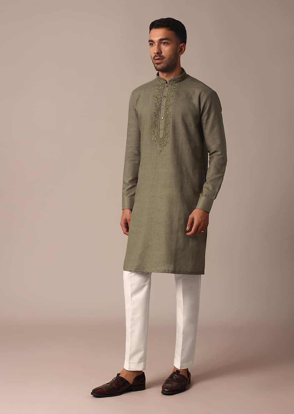 Green Linen Kurta With Intricate Yoke Work